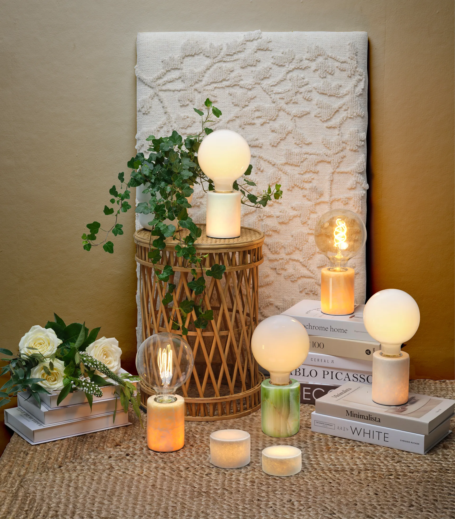 Marble table candle, White silk matte, Ø8x4 cm Unison