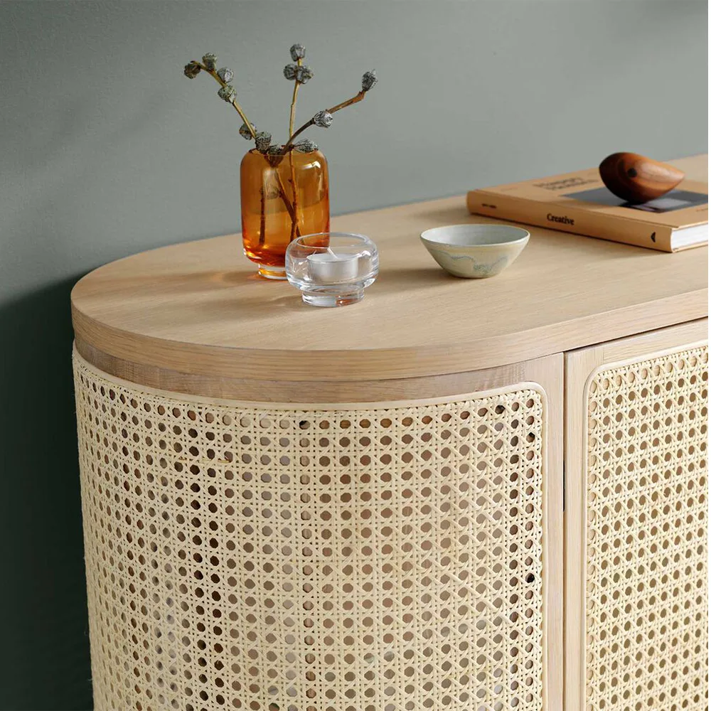 Be My Guest side table, Rattan, white-oiled oak, black steel legs Warm Nordic