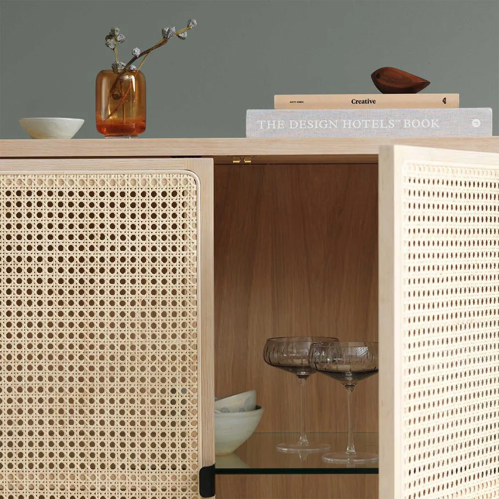 Be My Guest side table, Rattan, white-oiled oak, black steel legs Warm Nordic