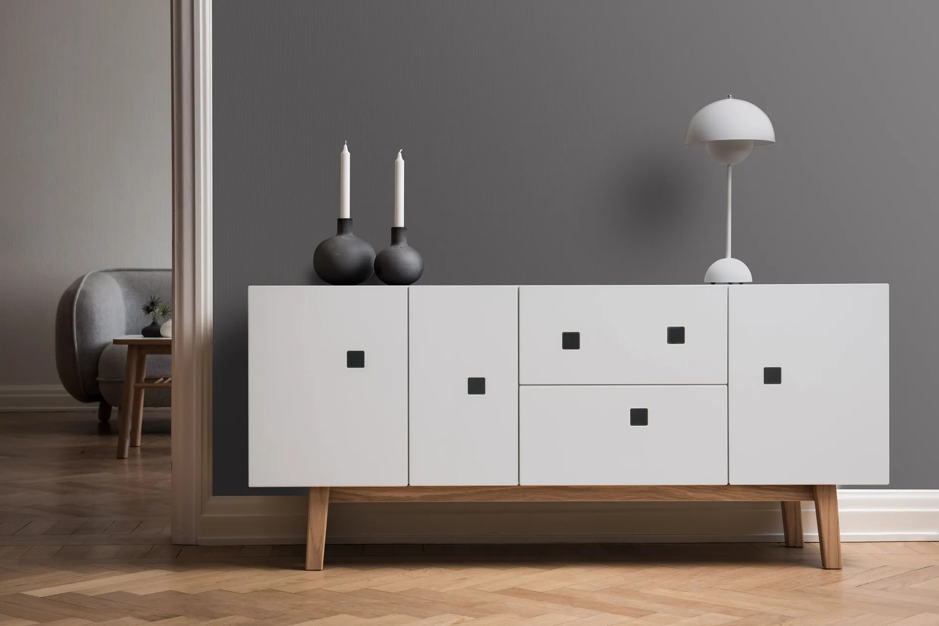 Peep M2 media bench, White. retro. oak stand Zweed