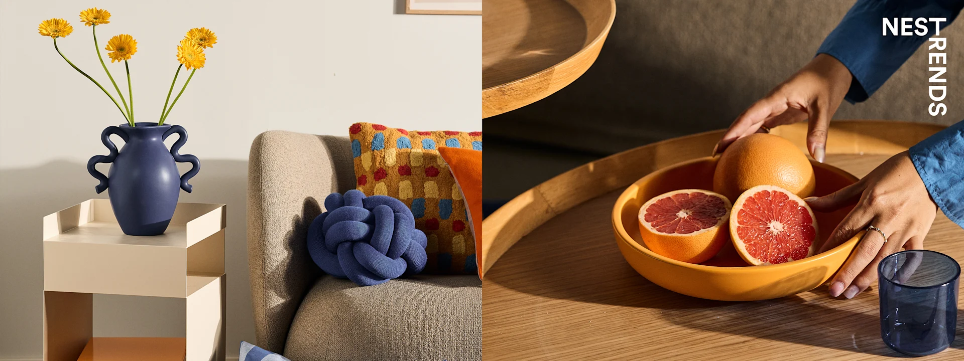 Split image: Blue wavy vase with yellow flowers on side table, sofa with pillows. Hands placing grapefruit in yellow bowl.