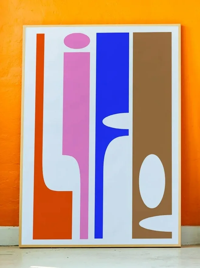 Abstract art print with vertical blocks of orange, pink, blue, and brown, featuring organic shapes and white cutouts, against an orange wall.