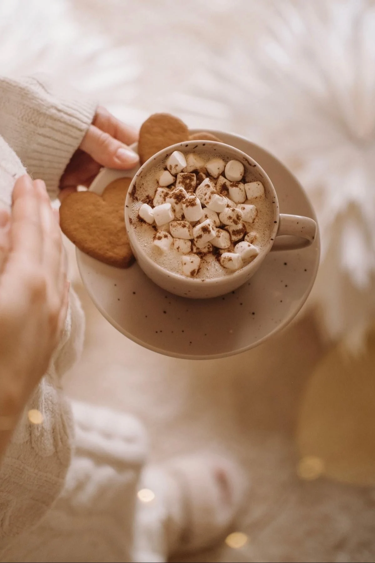 Hands holding a cup of hot chocolate with marshmallows and two heart-shaped cookies on a saucer.