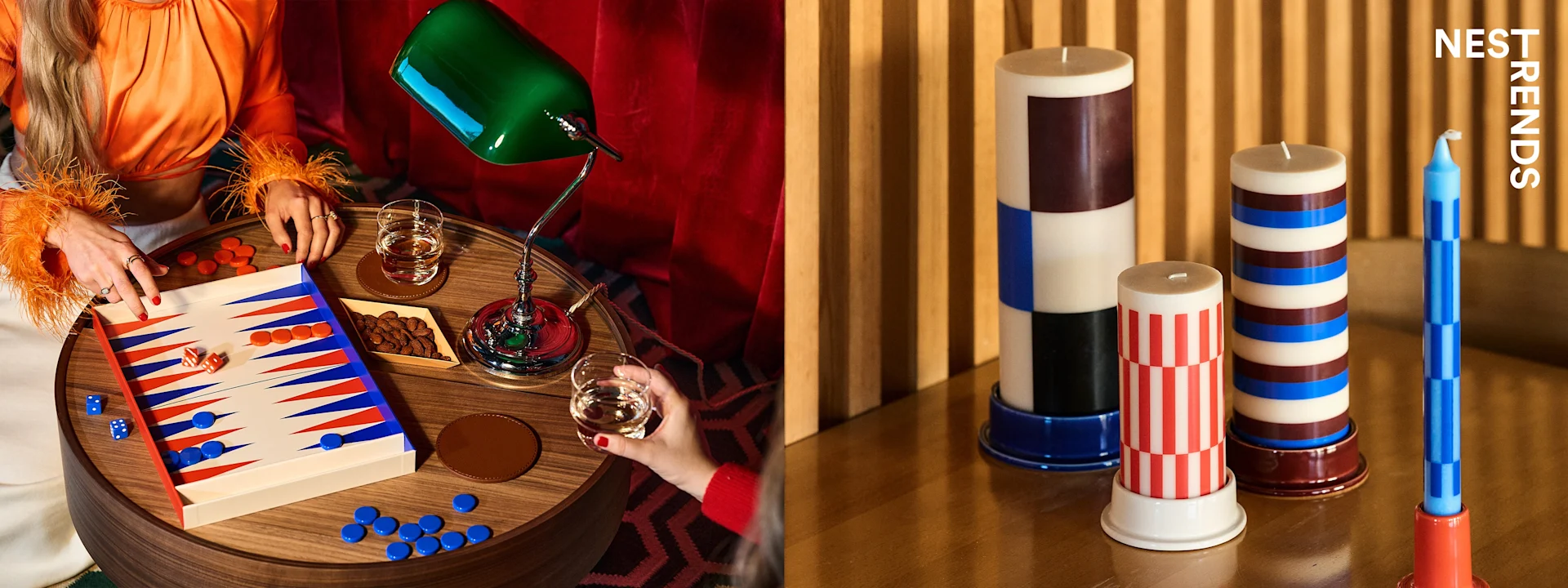 Two people play backgammon with drinks, while a separate shot shows patterned pillar and taper candles. 'NEST TRENDS' is visible.