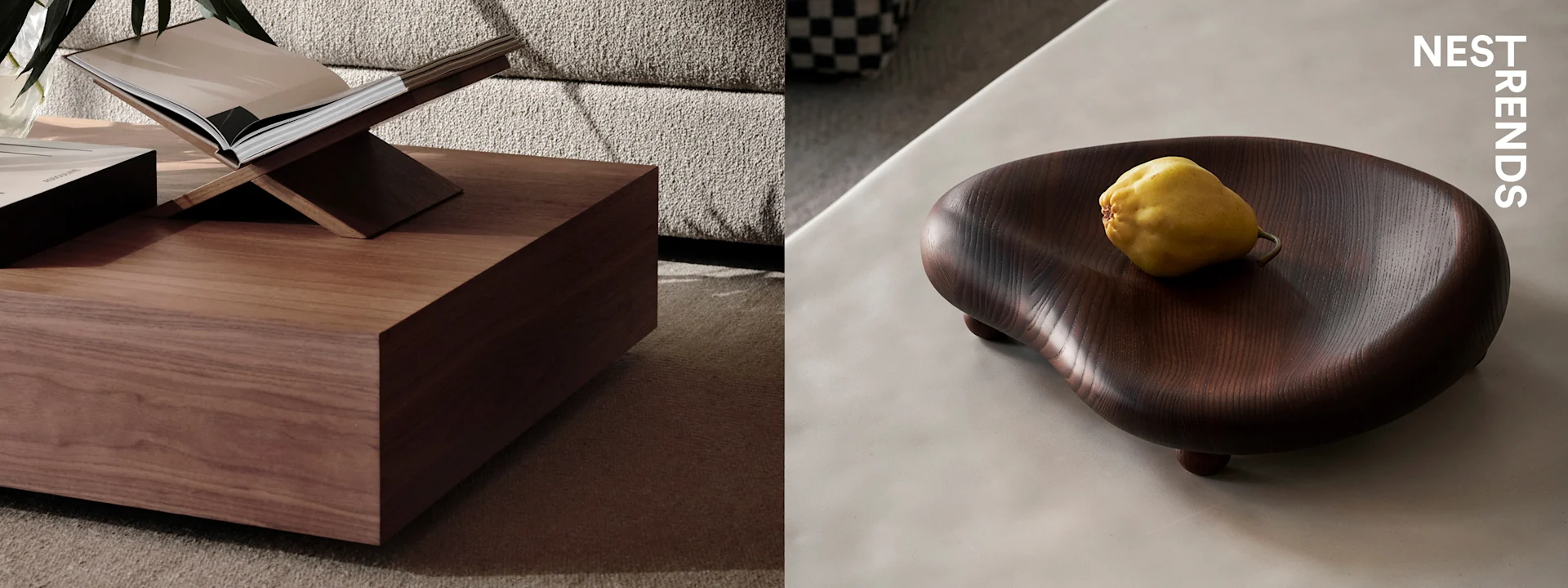 Wooden coffee table with an open book; a wooden bowl holding a yellow quince on a light surface. Nest Trends.
