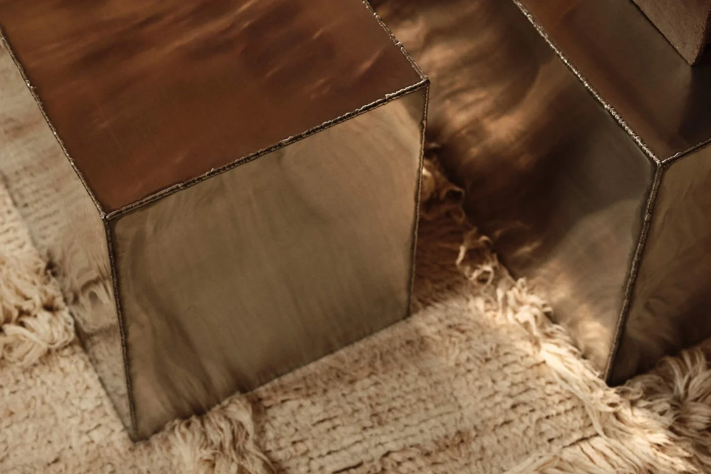 Two rectangular metallic tables with a vase of red leaves and books on a shaggy rug.